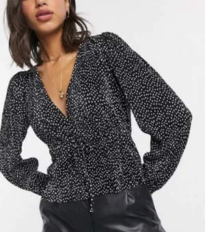 Zara Pleated Surplice V Neck Faux Wrap Blouse Top Polka Dots Long Sleeves Medium thumbnail 1