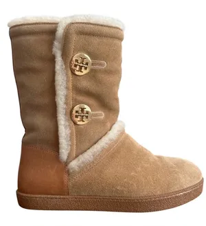 Tory Burch Ginger Suede Shearling Boots 8 Gold Double T Button Winter thumbnail 1