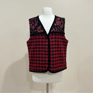 Coldwater Creek Red & Black Jacquard Floral Houndstooth Vest Velvet Trim Large thumbnail 3