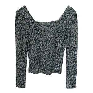 IN San Francisco Square Neck Top Womens Medium Teal Grey Abstract Smocked Ribbed thumbnail 3