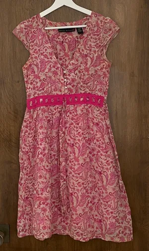 Floral Pink Beige Barbiecore High Waist Cotton Dress, size M thumbnail 8