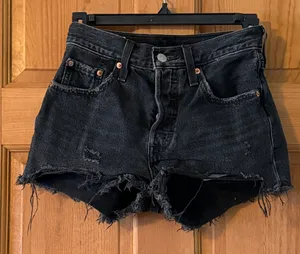 Levi's 501 24 Waist Women's Teen Girl Black Distressed Button Fly Denim Shorts thumbnail 1