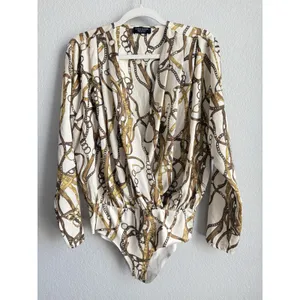 Zara Equestrian Chain Link Print Wrap Bodysuit Blouse Top Gold Brown Ivory Sz M thumbnail 4