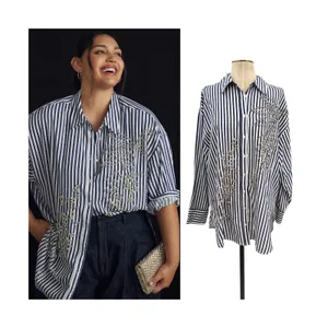 Anthropologie Maeve Bennet Beaded Sequined Button Down Shirt Striped Large‎ thumbnail 2