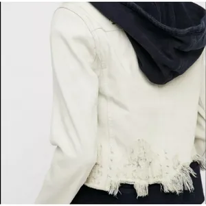 Free People Hoodie Jacket Women XS White Distressed Double‎ Weave Denim thumbnail 4