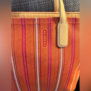 Coach Vintage Striped Orange& Pink Tote Bag with tan leather handles. Zip top thumbnail 2
