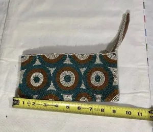Hand Beaded Wristlet Clutch Teal Brown White Geometric Boho Zip Pouch thumbnail 1