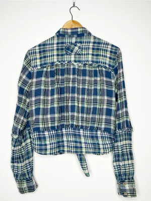 Free People We The Free First Bloom Plaid Tie Front Crop Shirt Blue Size Large thumbnail 9