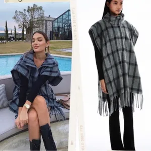 ZARA Plaid Wool Blend Oversized Poncho‎ Fringe Hem size XS thumbnail 10