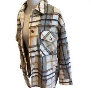 Zara Plaid Wool Flannel Oversized Jacket Shacket Shirt Tan Brown White M Cozy thumbnail 4