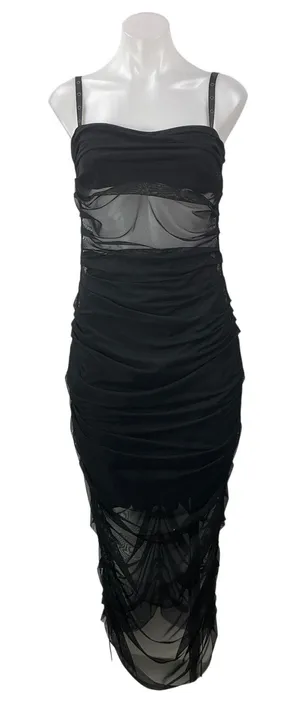 Nostra Santissima Black Sleeveless Mesh Cami Sheer Ruched Midi Bodycon Dress 4 thumbnail 1