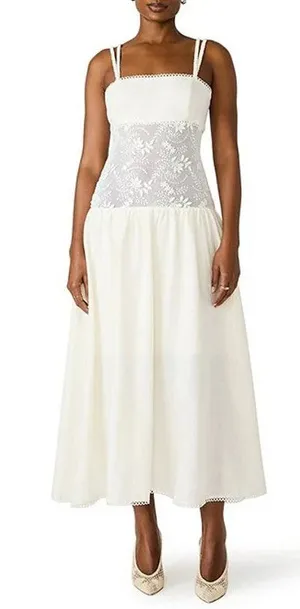 Steve Madden Enza Sleeveless Lace Trim Drop Waist Midi Dress Antique Cream 6 thumbnail 1