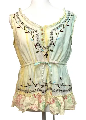 Vintage Y2K Tokyo Denim Yellow Silk Hippie Embroider Bead Tank Blouse Top Medium thumbnail 1