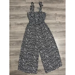Blue Rair Women‎ Floral Jumpsuit Wide Leg Crop Tie Shoulder Smocked Waist Size L thumbnail 3