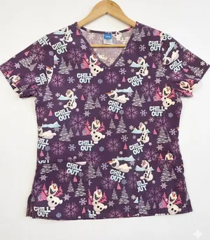 Disney Olaf Frozen Scrub Top size small Purple Chill Out Pediatric Nursing top thumbnail 1