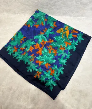 Magenta Vintage Square Scarf Made in Italy Navy Blue Green Leaf Bird Print thumbnail 1