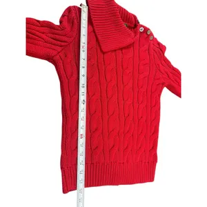 Lauren Ralph Lauren M Red Cable Knit Shawl Collar Button Shoulder Sweater Chunky thumbnail 7