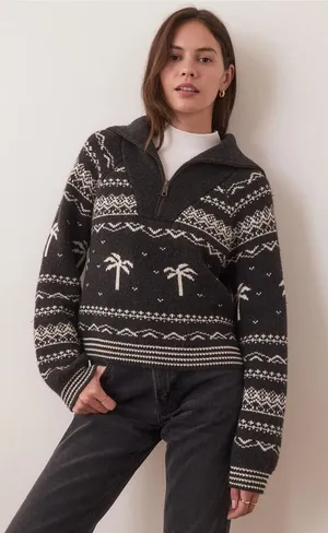 Marine Layer NWOT Whitney Quarter Zip Sweater L Palm Tree Fair Isle Après Ski thumbnail 1