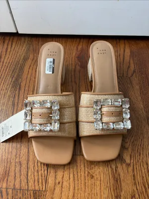 a new day Beige Crystal-Embellished Block Heel Mules Size 11 New thumbnail 4