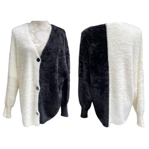 Black White Colorblock Fuzzy Cardigan Sweater Size XL Oversized Drop Shoulder thumbnail 3