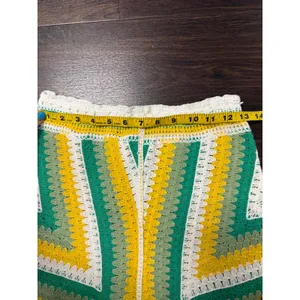 Boho Crochet High-Waisted Shorts -‎ Green & Yellow Stripe - Festival Read thumbnail 2