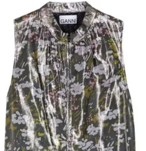 Ganni Floral print silk blend Metallic top Olive Green size 6 thumbnail 6