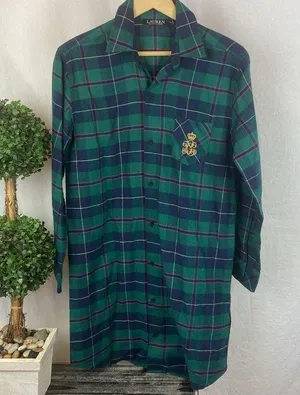 Ralph Lauren Green & Blue Plaid Long Sleeve Button Front Sleep Shirt Dress S thumbnail 1