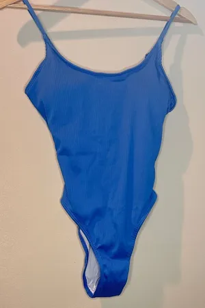 Elegant Blue Women's One Piece Swimsuit, high cut leg, Small thumbnail 1