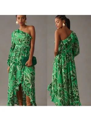 Farm Rio Anthropologie Green One Shoulder Maxi Dress L thumbnail 2