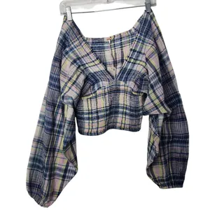 Free People Multicolor Smocked V-Neck Long Sleeve Marlena Plaid Crop Top Size XS thumbnail 2