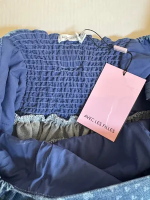 NWT Avec Les Filles Swirling Hearts denim puff sleeve babydoll minidress bow S thumbnail 15