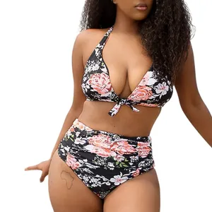 Cupshe Bikini Set Womens Medium Black Floral‎ High Waisted Halter Swimsuit NWT thumbnail 1