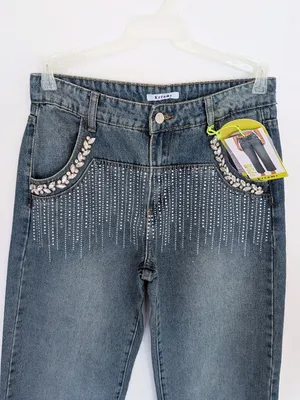 Rhinestone Embellished Wide Leg Jeans Dark Wash Bling Denim Size M thumbnail 7