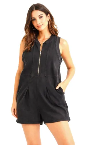 Umgee Black Zip Front Romper Womens Large Sleeveless Mineral Wash Pleated Casual thumbnail 1