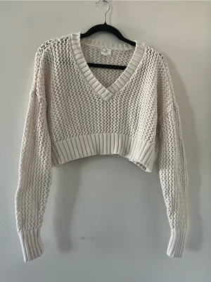 Offline by Aerie Cream Open Knit Cropped V Neck Sweater Small Chunky Coastal thumbnail 1