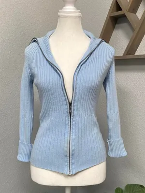 Y2k Light Blue Ribbed Zip Up Long Sleeve Sweater Winter Fall Grunge Alt thumbnail 1