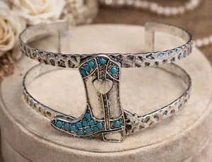 Brand new silver-tone cuff bracelet featuring a Western cowboy boot design thumbnail 1