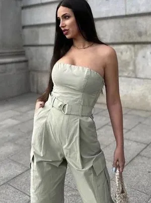 ZARA jumpsuit technical fabric cargo sleeveless wide streight leg light khaki thumbnail 10