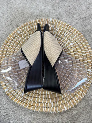 Ann Taylor Factory Women’s Slip-On Leather Raffia Wedge Sandals in Black Cream 8 thumbnail 7