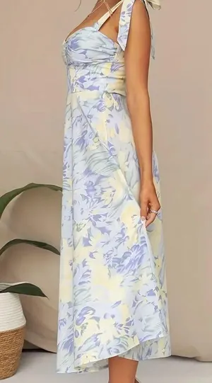 Light Yellow and Blue Floral Sundress with Tie Straps thumbnail 4
