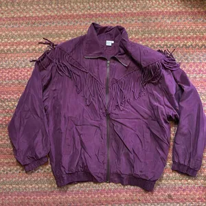 Vtg Silk Dark Purple Fringe Windbreaker Zip Up Jacket thumbnail 4