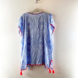 Surf Gypsy Floral Embroidered Short Sleeve Bohemian Tunic Cover-Up Dress Blue S thumbnail 3