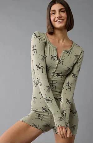 American Eagle Skeleton Plush Ribbed Romper- Size Medium thumbnail 1