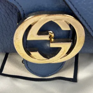 Gucci GG Interlocking Navy Leather Satchel with Gold Chain Made in Italy thumbnail 5