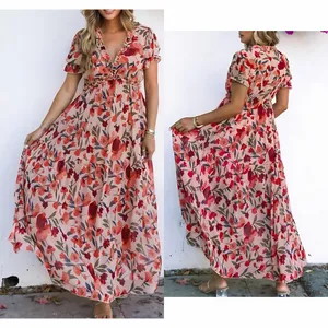 Lg Floral Ruffle V-Neck Maxi Dress in Blush Red thumbnail 2
