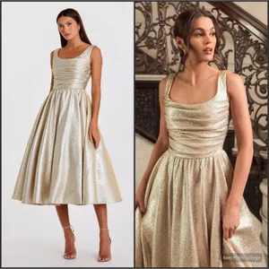 MAC DUGGAL Size 6 Gold Square Neck Pleated Sleeveless Midi Cocktail Dress Gown thumbnail 2