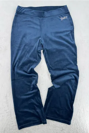 Juicy Couture Navy Blue Velour Track Pants Rhinestone Logo Straight Leg Sz Large thumbnail 1