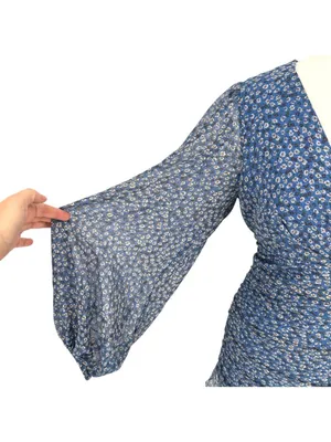 Bardot Floral V-Neck Long-Sleeve Mini Dress Ruffled Ruched Blue Size XL thumbnail 3