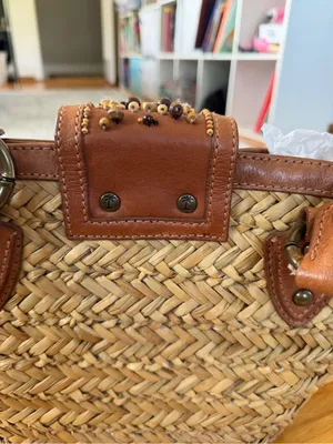 Tommy Bahama Natural Straw Tote with Brown Leather Trim and Beaded Accent thumbnail 5