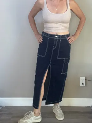 True Religion Dark Denim Front Slit Maxi Skirt with Contrast Stitching sz 28 thumbnail 3